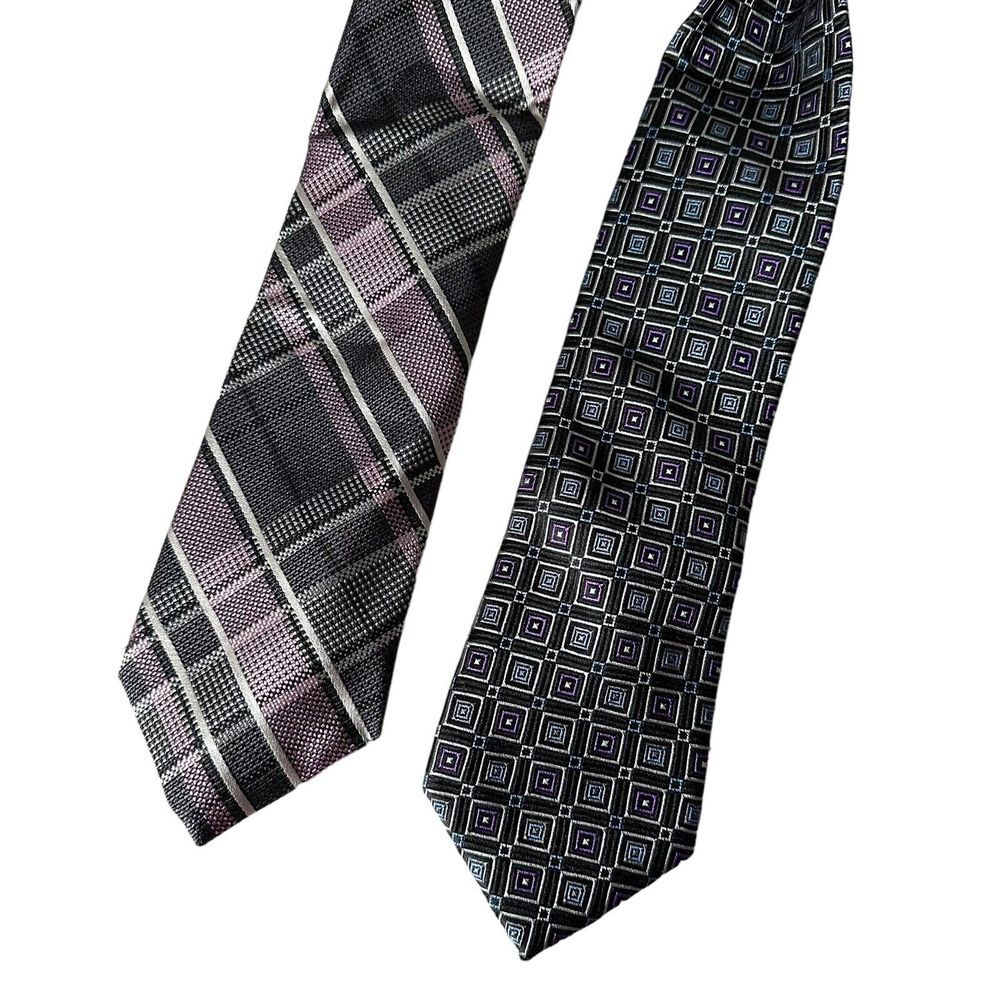 Lot of 2 IKE Behar Men Neckties Purple Plaid Striped Square Print Geometric Ties